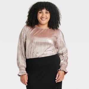 Ava & Viv‎ Long Sleeve Champagne Plisse Blouse 4X NWT